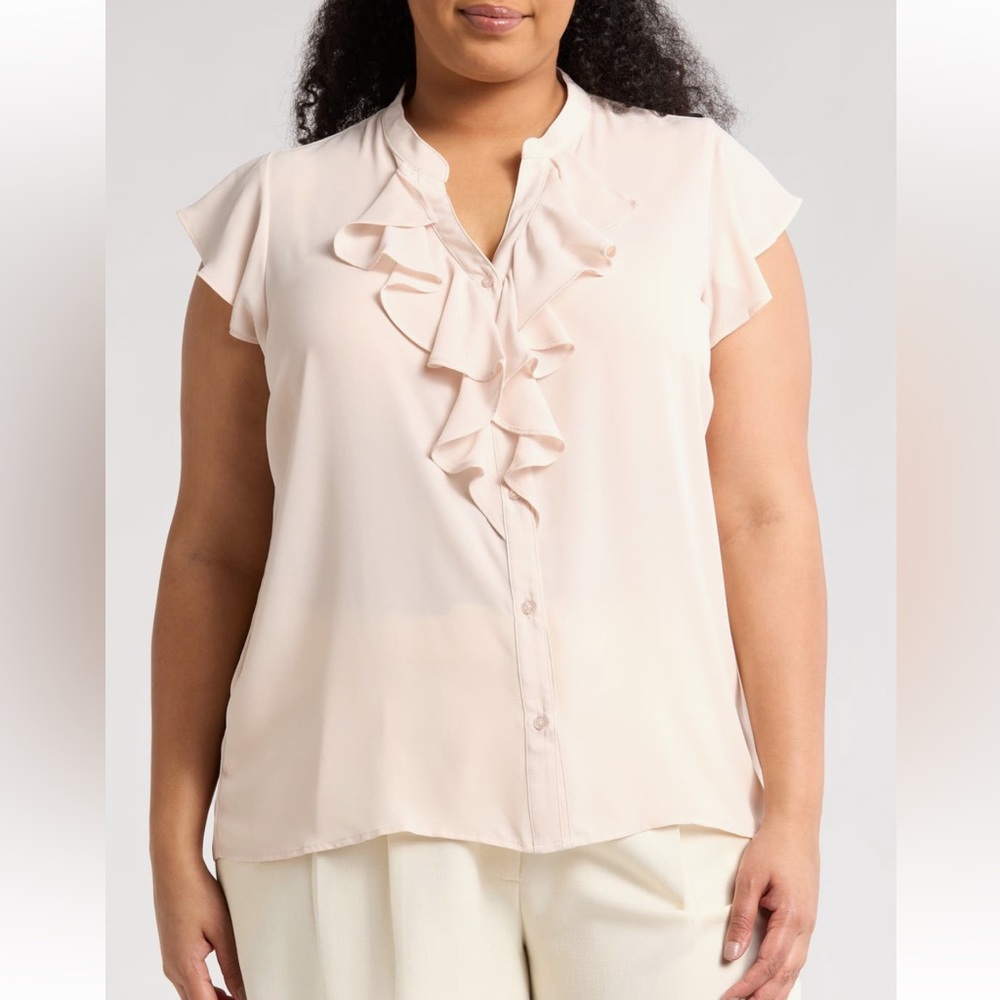 T Tahari - Ruffle Cap Sleeve Button-Up Top